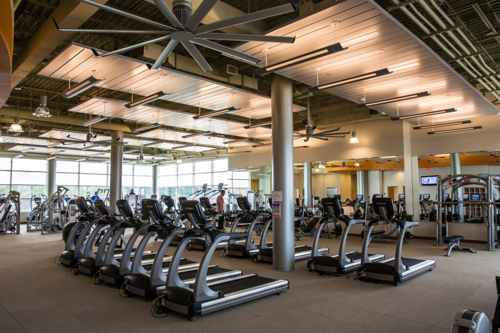 Wide view of multiple treadmills