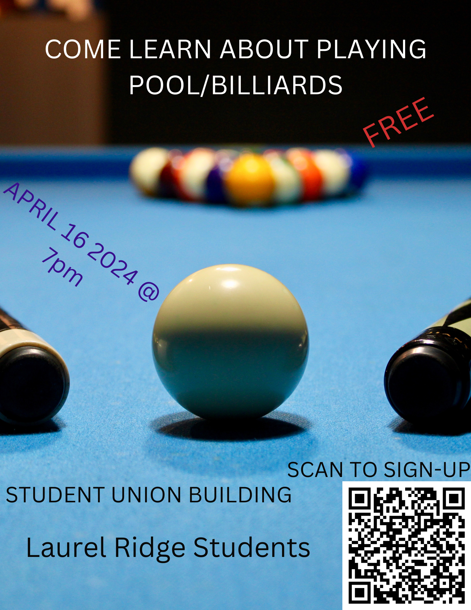 COME LEARN ABOUT PLAYING POOL flyer