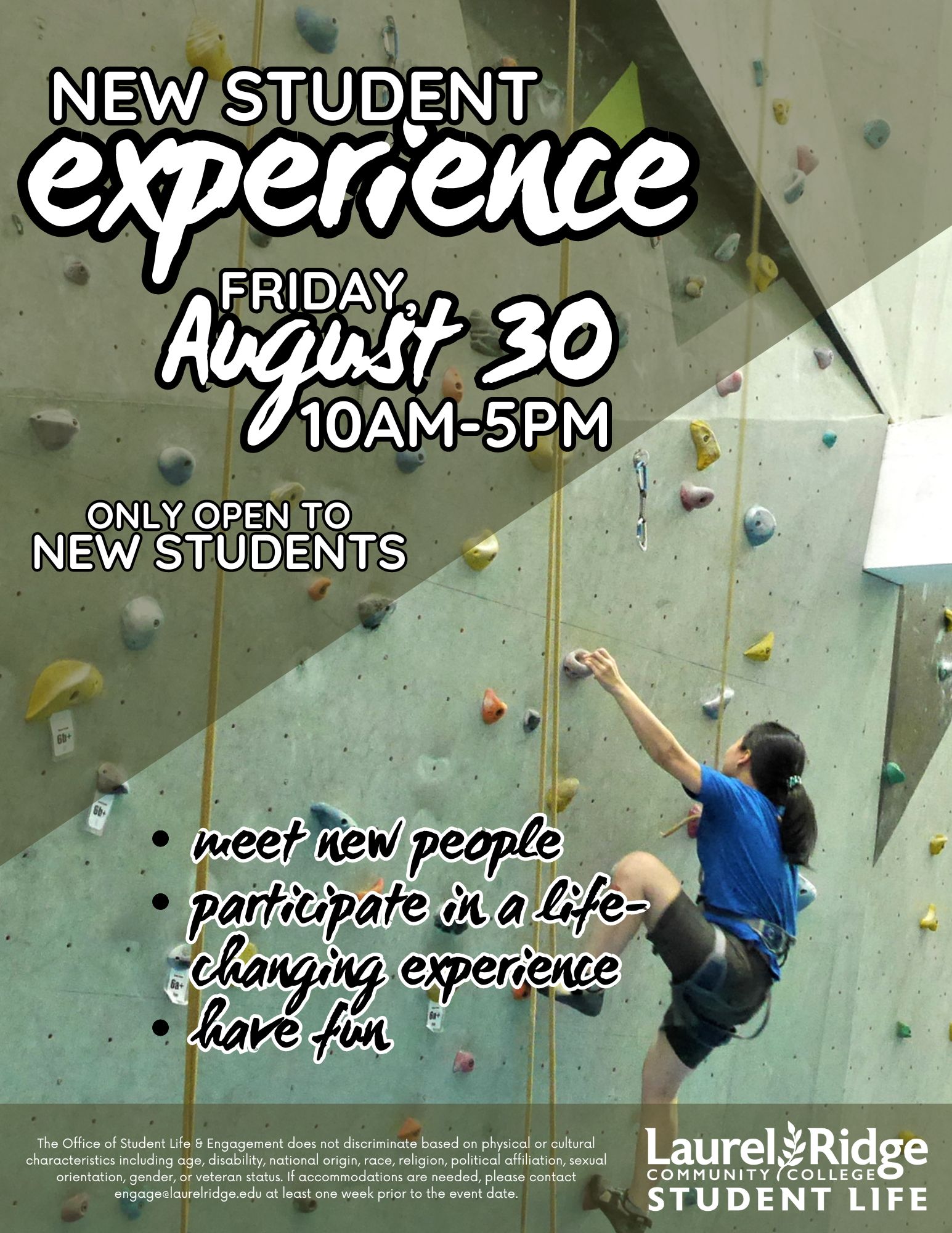 New Student Experience flyer, image of rock climbing