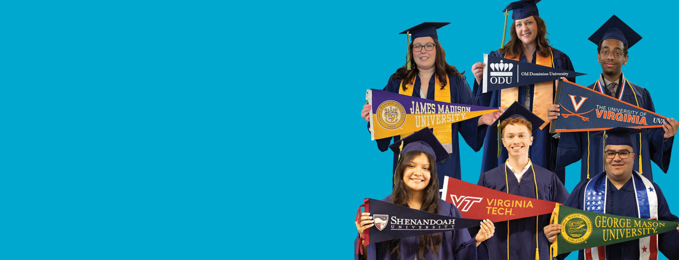 group of laurel ridge graduates holding up banners for four year universities