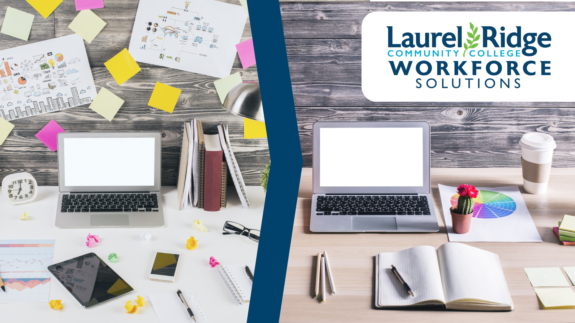 two workspaces with computers, one messy, one tidy