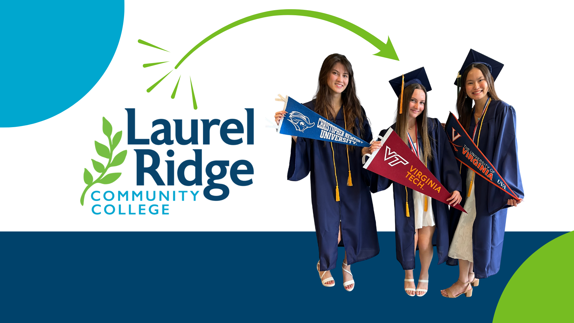 Graduates holding flags for the colleges they are transferring to