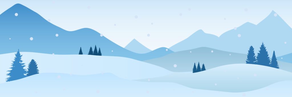 a vector cartoon image of snowy hills and mountains with some pine trees in the foreground