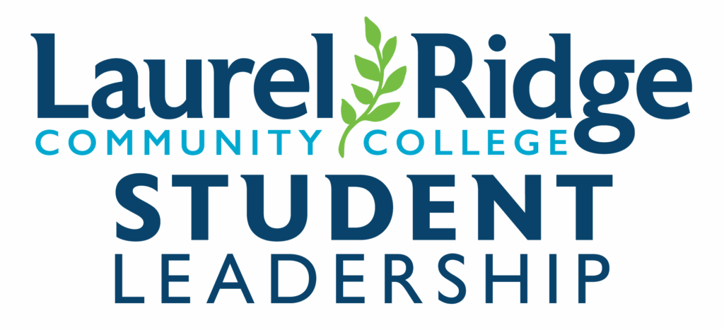 Laurel Ridge Student Leadership logo in blue text with green laurel leaf.