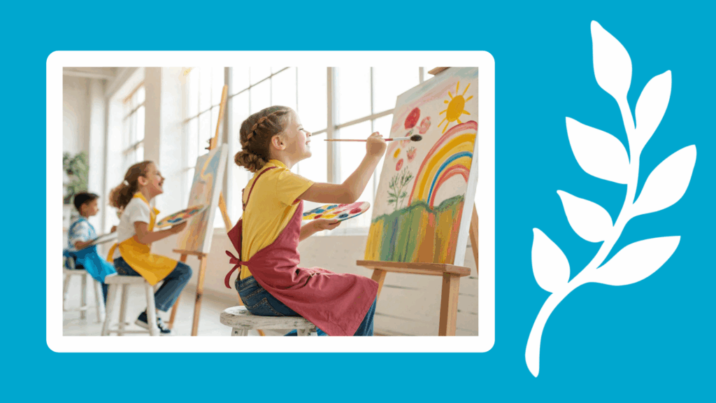 Image of young students painting at easels with laurel leaf embellishment
