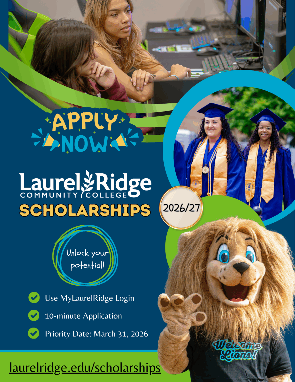 Flyer: Apply for Laurel Ridge Scholarships at laurelridge.edu/scholarships using MyLaurel Ridge login. Takes less than 10 minutes to complete. Priority Application Date is March 31, 2026