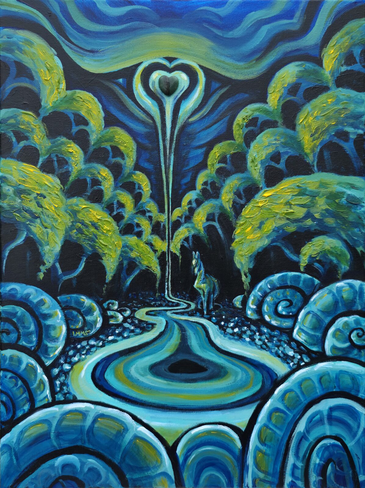 Large spiral shapes line the foreground like oversized shells. In the distance, a small animal—possibly a fox—stands on the path looking forward. Above the trees, swirling blue and green sky forms a large heart-shaped light that beams down toward the center of the scene.