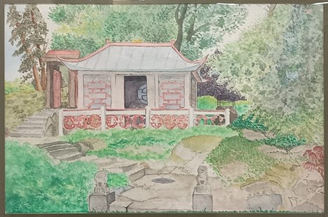  watercolor painting of a small pavilion with light gray walls and red trim, set in a lush garden. Stone steps lead up to the structure, which has an open doorway and decorative red latticework along the front railings. Surrounding the pavilion are dense green trees and shrubs, with patches of sunlight filtering through. In the foreground, a stone path winds through the grass, flanked by two small stone statues.

