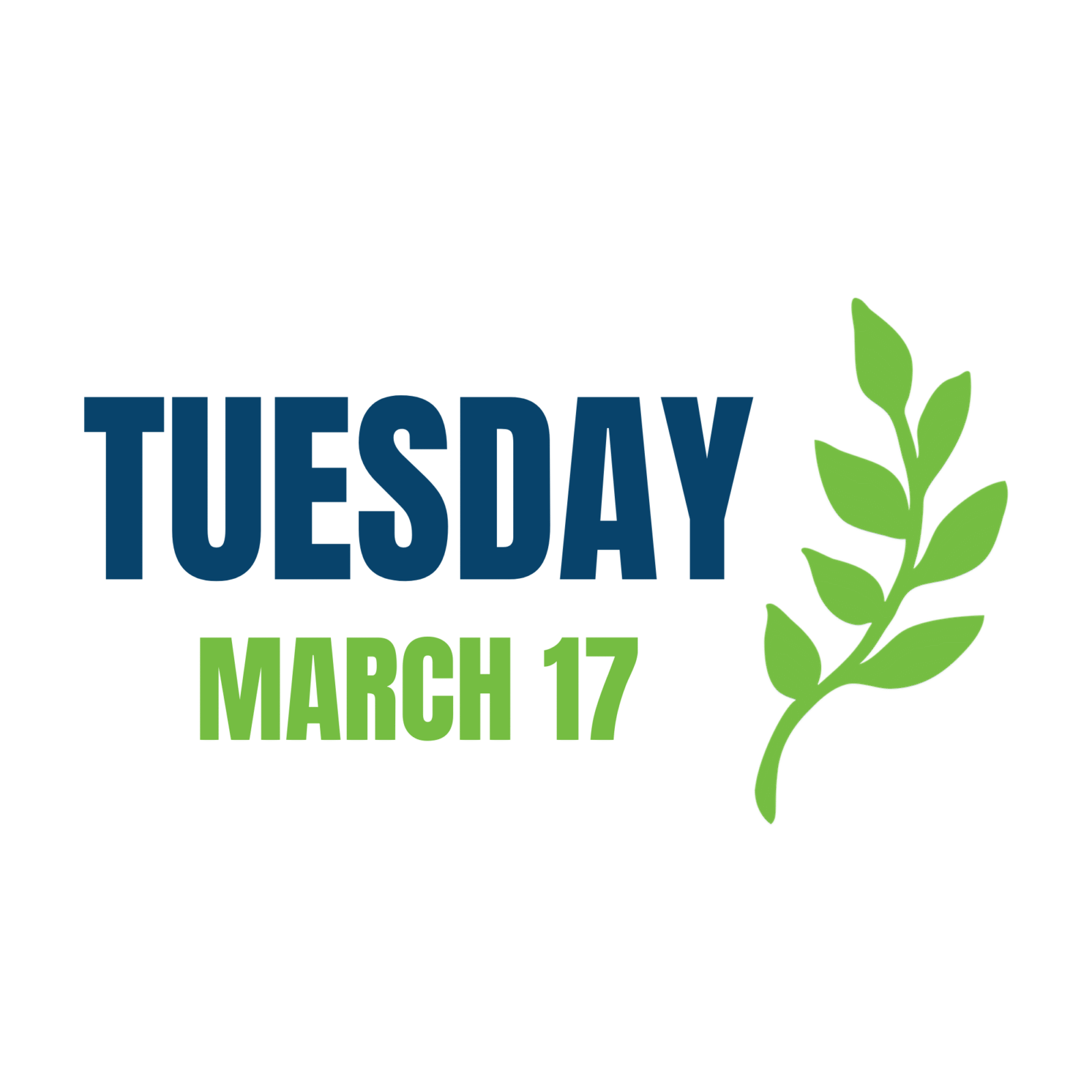 Graphic displaying the word ‘Tuesday’ in bold blue text above the date ‘March 17’ in green text, accompanied by a green leafy branch on the right side.