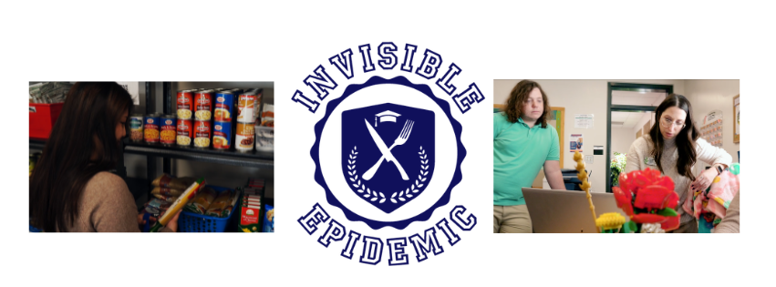 Wide banner image with three sections: on the left, a person selecting packaged food from shelves stocked with canned goods and pantry items; in the center, a circular logo reading “Invisible Epidemic” featuring a plate with crossed fork and knife surrounded by a laurel wreath; on the right, two people working together at a table with a laptop, fresh flowers, and food items in a bright indoor setting.