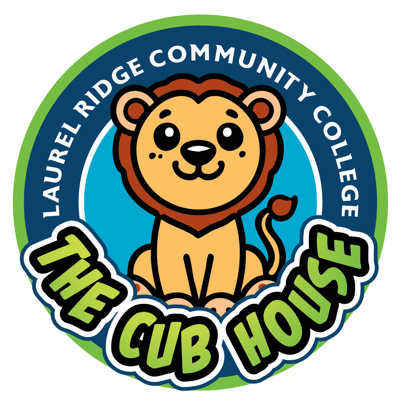 Laurel Ridge Community College Cub House logo featuring a cartoon lion sitting inside a circular badge