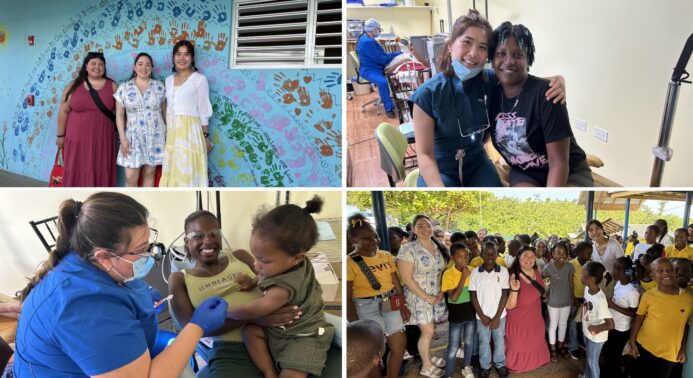 A collage of four photos documenting a dental hygiene service trip. Top left: Three women smile together in front of a colorful mural covered in handprints and the words "one love" on a light blue wall. Top right: A dental hygiene student in scrubs and a mask pulled down poses with a smiling patient in a dental clinic, with a provider working in the background. Bottom left: A dental hygiene student in blue scrubs, safety glasses, and a mask leans in to provide dental care to a smiling woman holding a young child on her lap. Bottom right: Two women from the group pose with a large crowd of children and community members outdoors beneath a covered area surrounded by trees.
