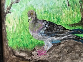Painting of a gray pigeon with pink feet standing on a rock beneath a tree against a vibrant green background.
