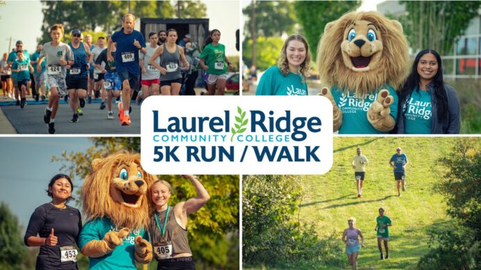 Collage promoting the Laurel Ridge Community College 5K Run/Walk, featuring participants running on roads and trails, the college lion mascot with students, and the event logo centered in the image.