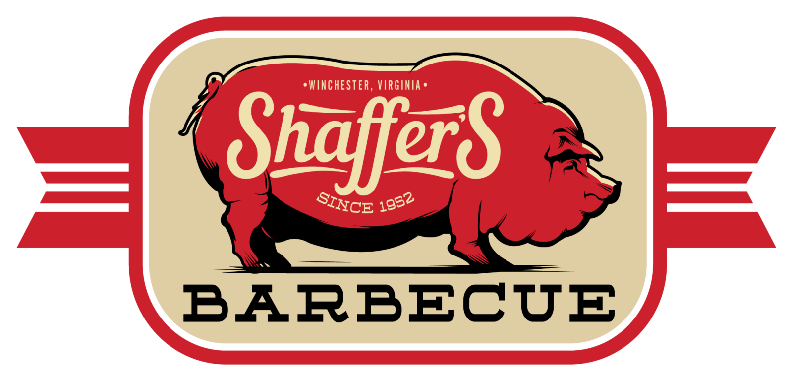 a logo showing a red pig with the words Shaffers Barbecue