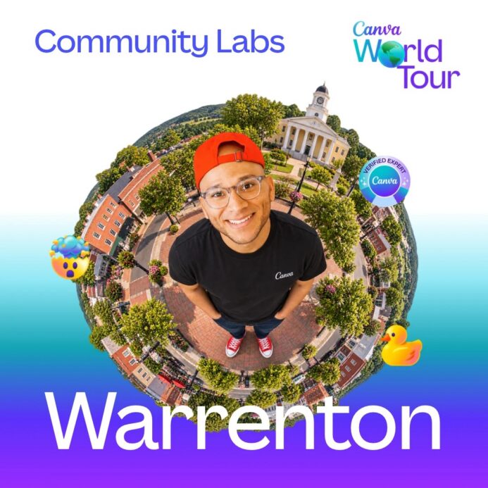 Canva World Tour Community Labs Warrenton graphic featuring Roger Coles, a Canva Verified Expert, standing in Old Town Warrenton.